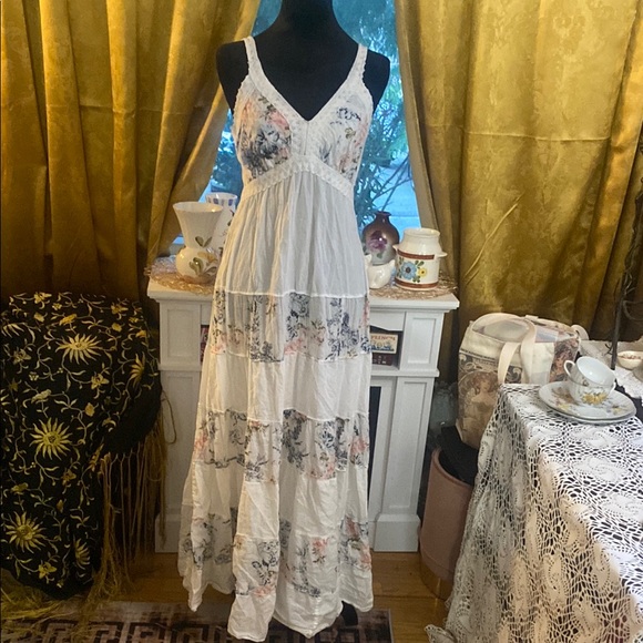 Vintage Dresses & Skirts - Vintage 90’s Floral White -crochet trim- cotton- Bohemian Maxi Dress - festival